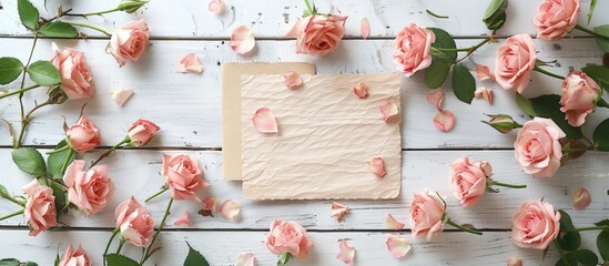 Aufkleber - Valentine's Day mockup featuring a circle of pink rose flowers on a rustic white wood background, accompanied by a handmade paper card with copy space image.