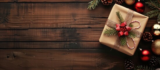 Poster - Festive Christmas gift box styling against wooden backdrop with copy space image.