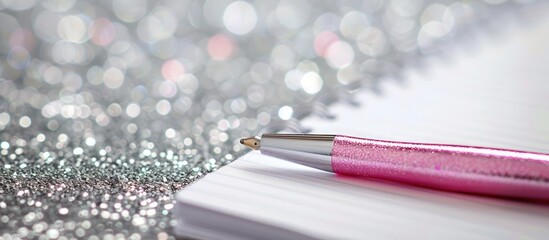 Poster - Silver glitter background with white notebook and pink pen providing copy space image.