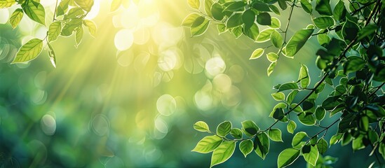 Aufkleber - Blurry green leaves create a nature-themed copy space image with soft lighting, perfect for creative design projects, displaying a forest background with a spring atmosphere.