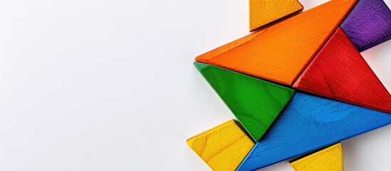 Wall Mural - Closeup view of a single colorful tangram piece from a construction game on a plain white background, conveying the concept of construction, with copy space image.