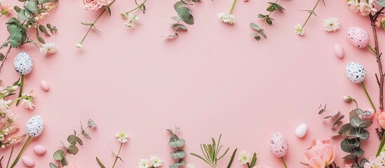 Leinwandbilder - Vertical Happy Easter greeting card with a bright frame created with fresh flowers, eucalyptus twigs, and decorative eggs on a light pink background providing ample copy space image.