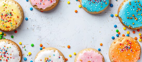 Sticker - Round frame of colorful glazed cookies on a white background with copy space image.