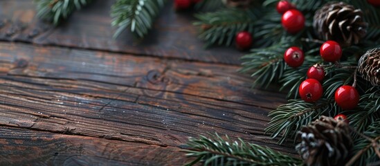 Poster - Festive Christmas decorations and spruce branches beautifully arranged on a wooden table, creating a charming holiday-themed copy space image.