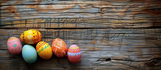 Sticker - Colorful Easter eggs rest on aged wooden backdrop, ideal for Easter holiday themed projects, with room for text or images. Copy space image. Place for adding text and design