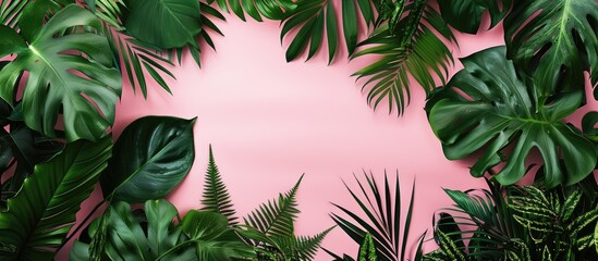 Aufkleber - Frame composed of assorted tropical leaves on a pink backdrop with copy space image.