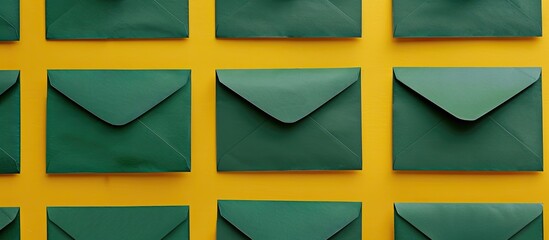 Aufkleber - A flat lay image displaying dark green envelopes against a yellow background from a top view with ample room for text or graphics.
