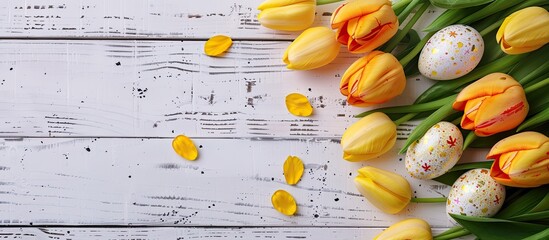 Fototapete - Top view image featuring a spring-themed Easter background with vibrant eggs, yellow tulips, set on a white wooden surface for copy space.
