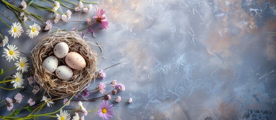 Leinwandbilder - Easter-themed flat lay with eggs in nests and spring flowers, perfect for greeting cards with a copy space image.