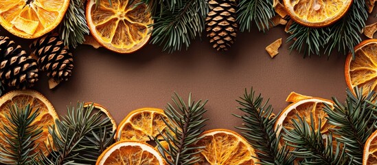 Poster - A festive holiday backdrop adorned with dried orange slices and pine needles, perfect for a copy space image.