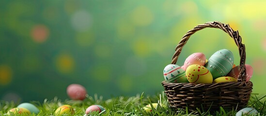 Aufkleber - Easter eggs in a basket with a grassy copy space image.