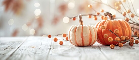 Aufkleber - Thanksgiving-themed decor showcasing orange pumpkins with golden branches, set against a lush background for a festive atmosphere, displayed on a white wooden surface. Focus on the pumpkin, with