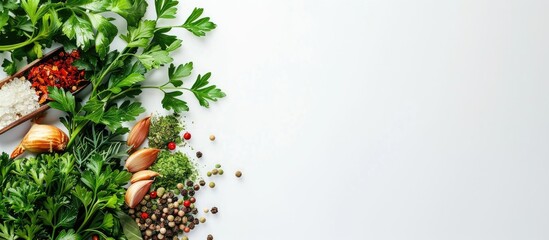 Poster - Fresh parsley and spices on a white background with copy space image.
