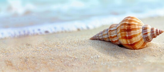 Aufkleber - Shell resting on sandy beach with available copy space image.