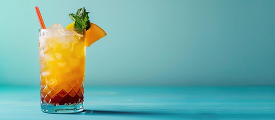 Aufkleber - A refreshing mai tai cocktail displayed on a blue background with ample copy space image.