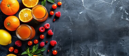 Fototapete - Fresh juice inscribed with chalk on a blackboard featuring copy space image.
