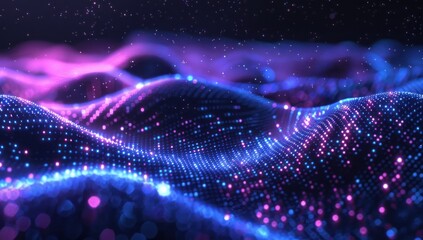 Wall Mural - Abstract Neon Wavy Surface with Glowing Particles