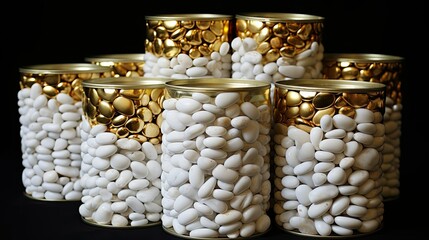 A stack of empty white tin cans with gold trim