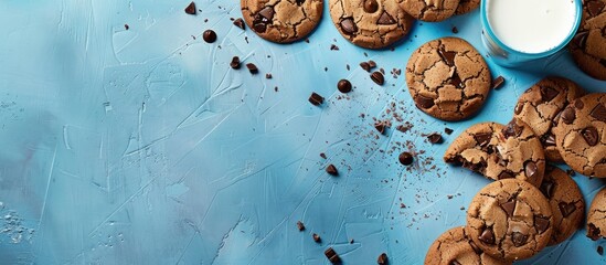 Fototapete - Blue background enhances the milk and chocolate cookies in the copy space image.