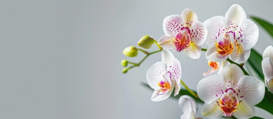 Leinwandbilder - Selective focus on a colorful Phalaenopsis Demi Deroose orchid flower with yellow, red, pink, and white stripes and spots, set against a light gray backdrop with dark green foliage. Ideal copy space