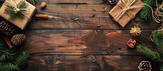 Poster - A festive Christmas and New Year arrangement is showcased on a wooden surface, featuring a postcard adorned with a fir branch, toys, and a view from above, emphasizing a flat lay design with ample
