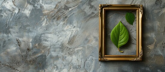 Sticker - An antique brass picture frame with no image, alongside a green leaf, set against a concrete backdrop, serving as props for photography, with space for text. Copy space image