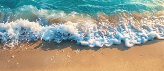 Leinwandbilder - Soothing ocean wave gently washing onto sandy shore, creating a serene summer backdrop with space for a text on a copy space image.