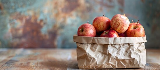 Leinwandbilder - On a kitchen table, there is a paper bag filled with fresh and juicy apples, next to an empty space for text or other content in an image. Copy space image. Place for adding text and design