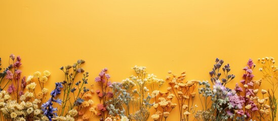Aufkleber - Dried flowers arranged in a frame on a yellow background for a flat lay top view with room for additional content in the image.
