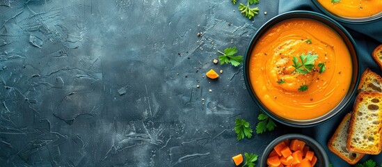 Aufkleber - Top view image featuring dietary carrot puree soup with toast bread, with a free copy space.
