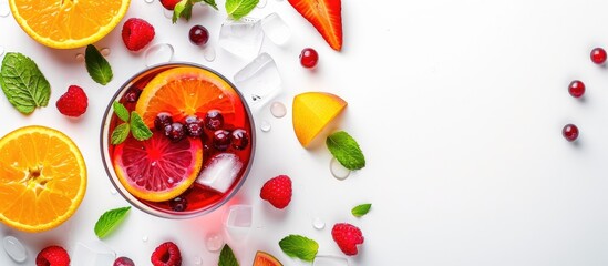 Aufkleber - Sangria with fresh fruit slices on a white backdrop, ideal for a copy space image.