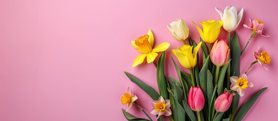 Canvas Print - Spring holiday concept with a lovely bouquet of tulips and yellow daffodils on a pink background, including copy space image.