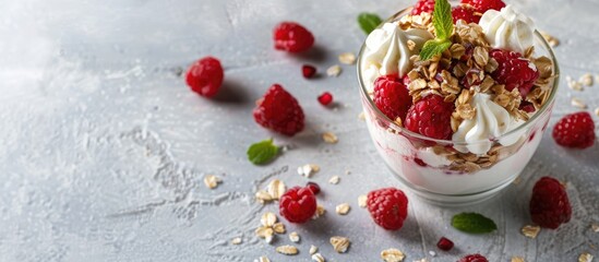 Aufkleber - Morning cheesecake parfait with cottage cheese, mascarpone, oats, and raspberries on a white concrete background with copy space image.