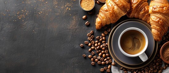 Poster - Coffee beans, croissants, and a cup of coffee on a table with copy space image.
