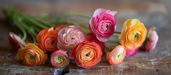 Poster - On a wooden backdrop, lovely ranunculus flowers accompany a copy space image.
