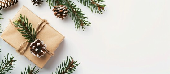Poster - Christmas-themed background featuring a gift box, pine branch, and cone on a white backdrop. Top view with a prominent empty space for text or other elements in the image. Copy space image
