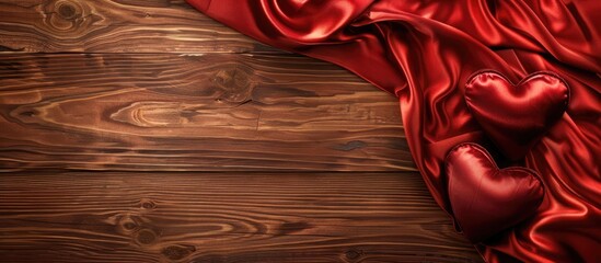 Aufkleber - Brown wood background with red satin and two hearts, copy space image.