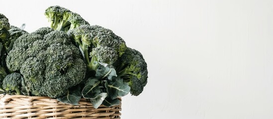 Aufkleber - Fresh broccolini arranged on a wicker stand against a white backdrop, conveying a vegetarian concept with copy space image.