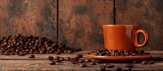 Aufkleber - Brown ceramic mug on saucer on brown background resembling wood, with scattered coffee beans, ideal for text, with copy space image.