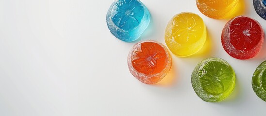 Sticker - Transparent round fruit jelly set on a white surface with a clear area for adding images or text, known as a copy space image.