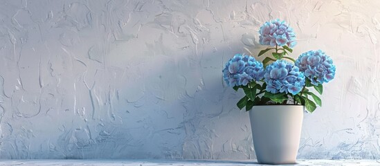 Poster - Blue potted artificial flower against white cement wall with textured surface, providing copy space image.