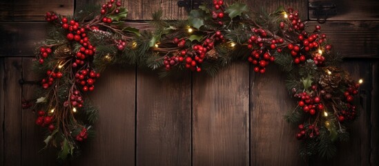 Poster - Christmas wreath adorned with red berries and twinkling fairy lights displayed on a rustic wooden door, with a blank area for text, copy space image.