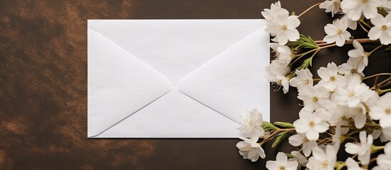 Poster - Top view of a greeting card mockup with white flowers and an envelope, featuring a generous copy space image.