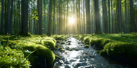 Wall Mural - Tranquil Forest Glade Sunlight, Tall Trees, Stream, Mossy Ground - Perfect for Relaxation. Concept Forest Photography, Nature Tranquility, Sunlit Streams, Mossy Grounds, Serene Woodland