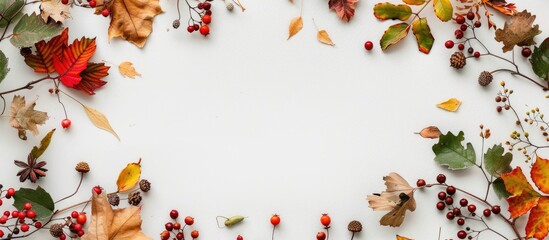 Aufkleber - Top-down view of autumn-themed arrangement with dried green leaves, yellow leaves, and red berries forming a frame on a white backdrop, ideal for text placement in the copy space image.