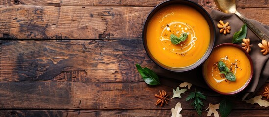 Aufkleber - Top view of pumpkin soup on a wooden backdrop with copy space image available for text.