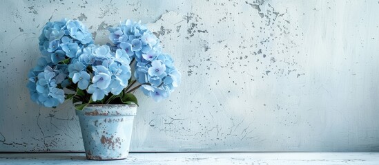 Poster - Blue potted artificial flower against white cement wall with textured surface, providing copy space image.
