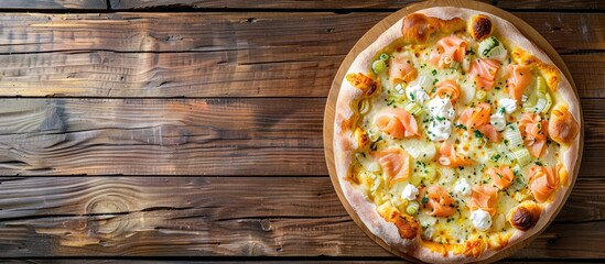 Sticker - Traditional Brazilian pizza with salmon, leek, and cream cheese displayed in a top-view composition on a wooden background close-up, featuring copy space image.