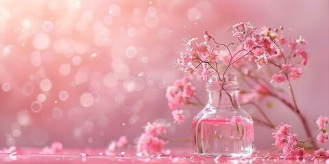 Wall Mural - Gypsophila flowers in glass perfume bottle on pink water background. Concept Flower Photography, Still Life, Glass Bottle, Pink Water Background, Gypsophila Flowers
