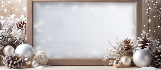 Aufkleber - Empty wooden picture frame mockup for Christmas background with decorations and copy space image available for text to convey winter holiday celebration concept.